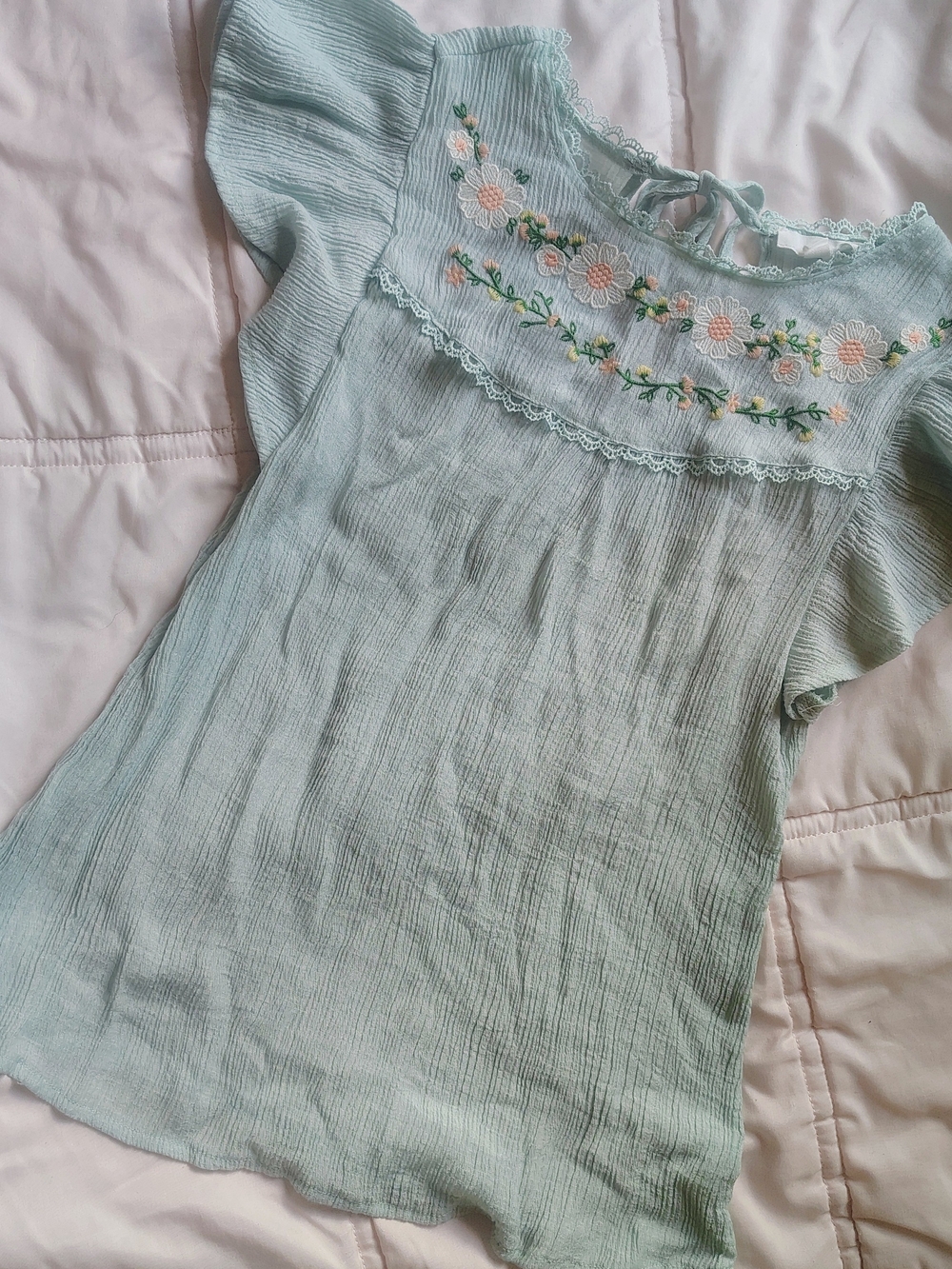 mine Light Mint Green Embroidered Flutter Sleeve Blouse
